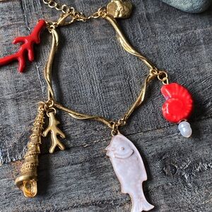 NEW Red Coral & Gold Charm Bracelet